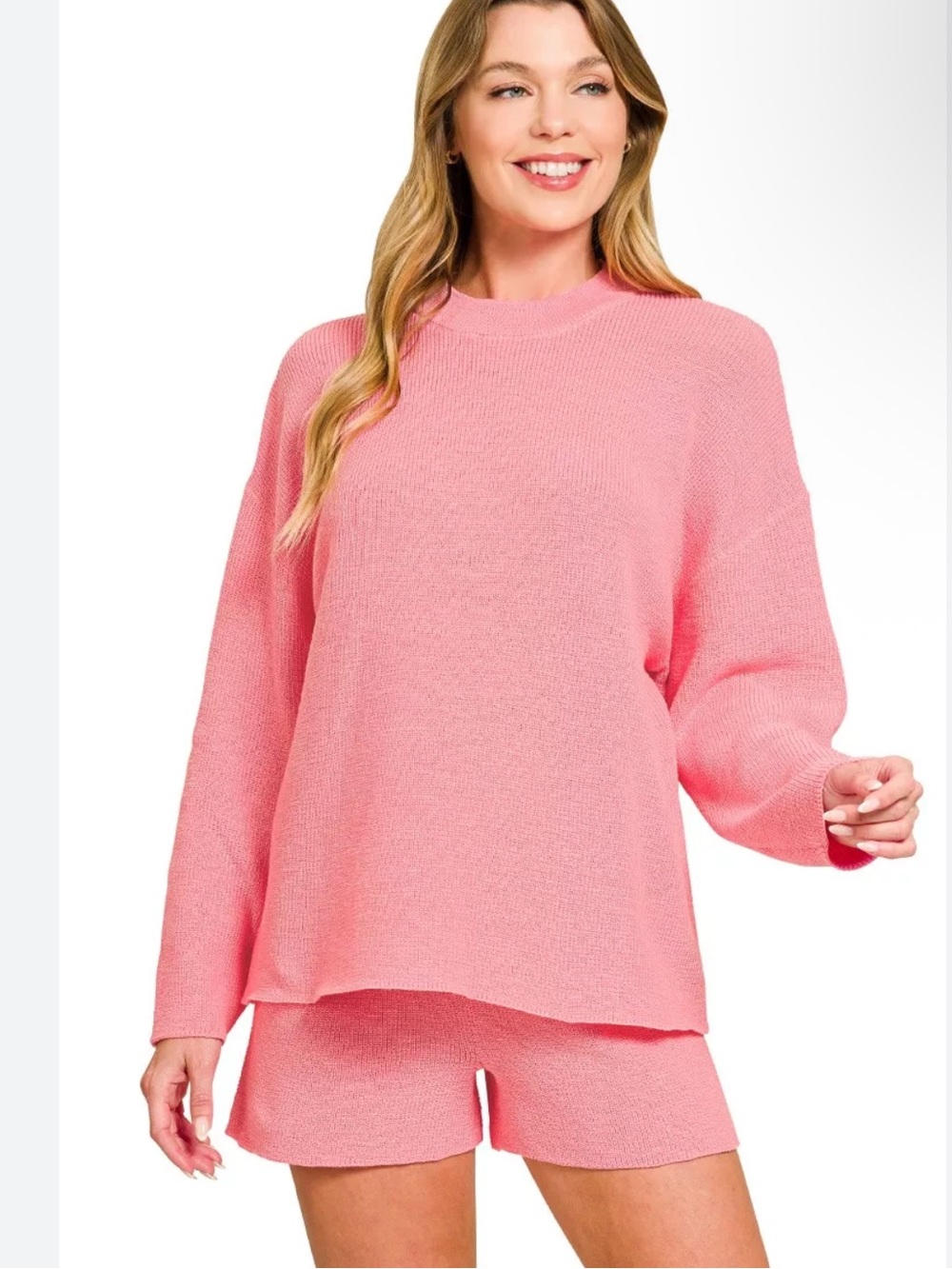 NWOT Zenana Round Neck Knit Top and Shorts Sweater Set Size M